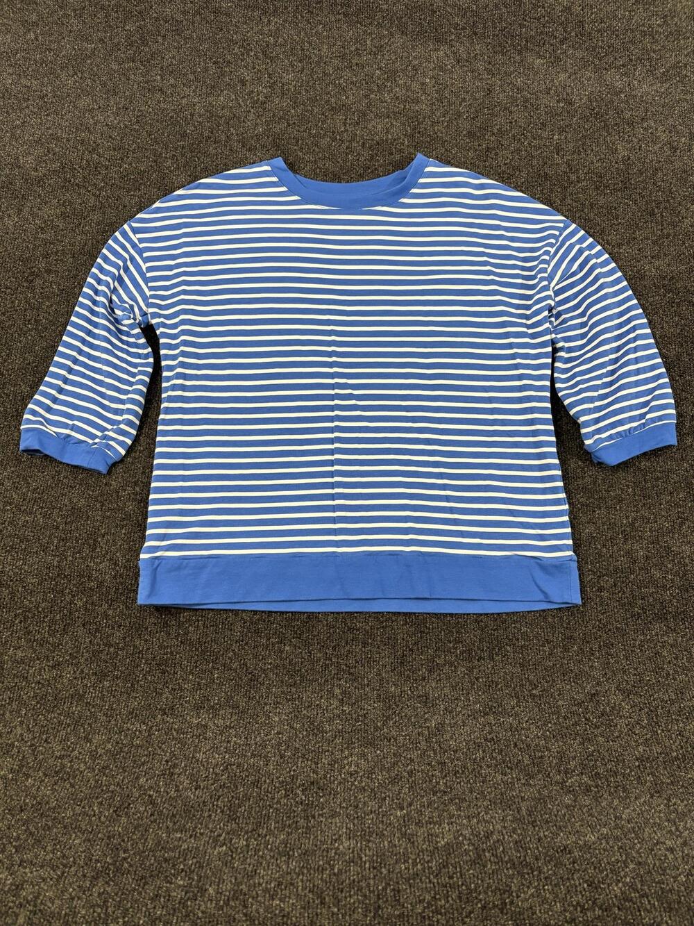 Belle By Kim Gravel Shirt Womens XS Blue Stripe Crew Neck 3/4 Sleeve Knit Top
